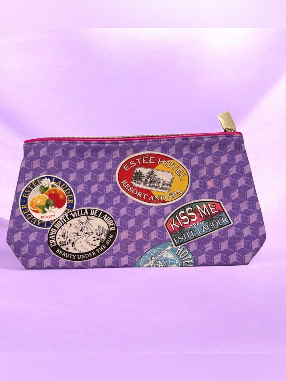 Estée Lauder Purple Passport Cosmetic Bag Retro Travel Stamps Makeup Pouch